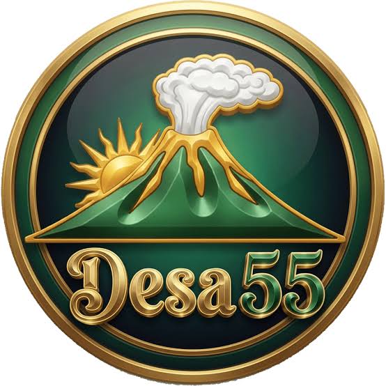 Lambang Desa55: gunung berapi dengan cahaya keemasan